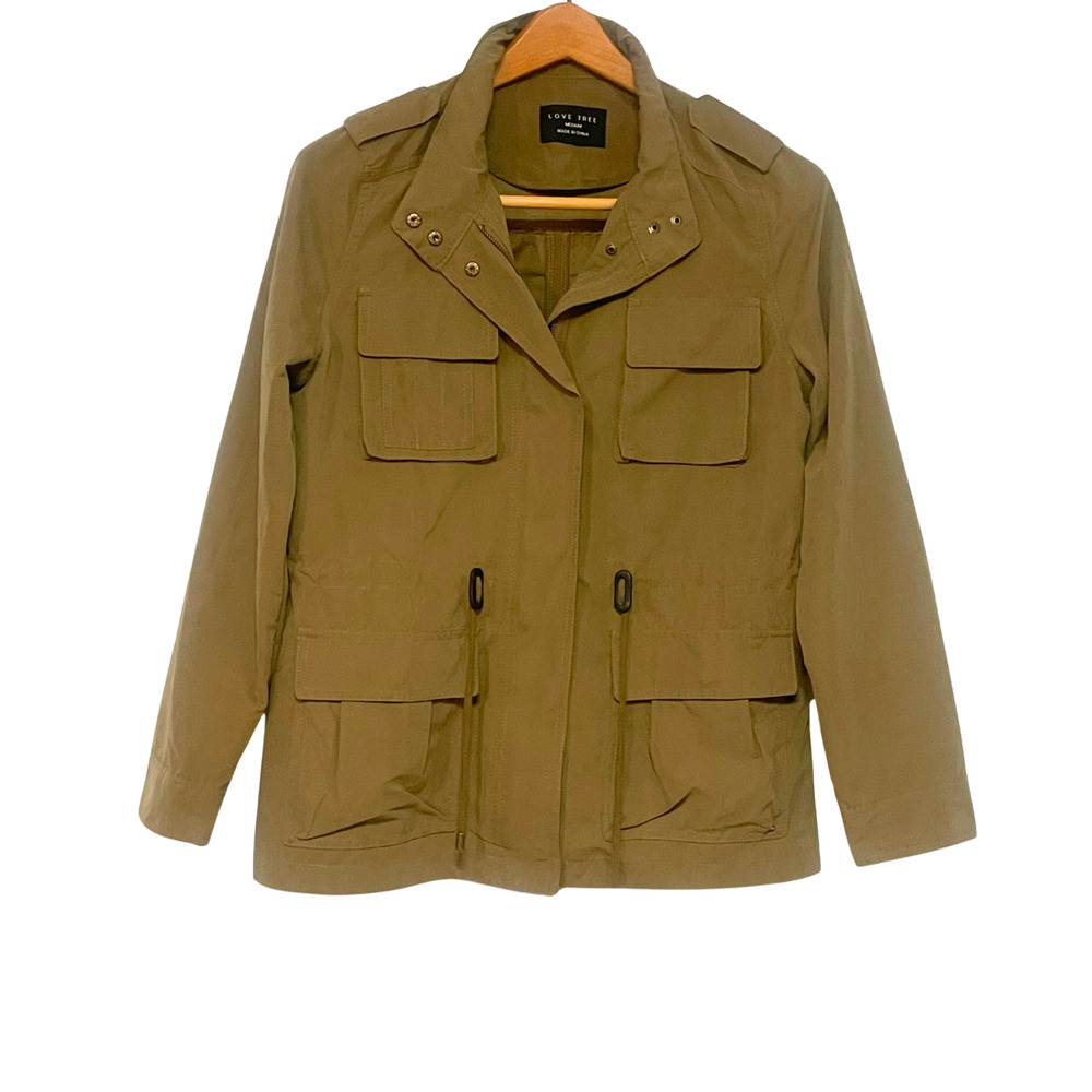 Love Tree Sz M Light Anorak Utility Jacket Drawstring Waist Pockets Canvas Olive